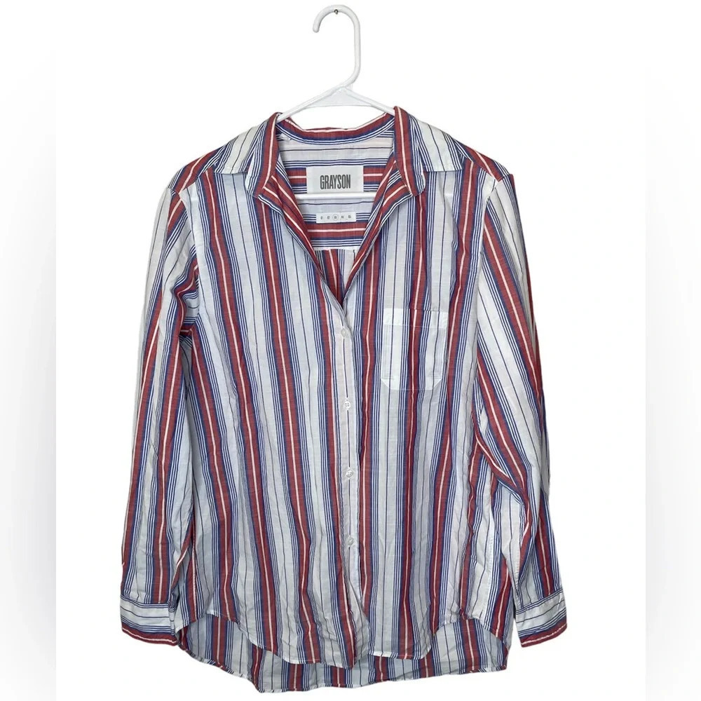Grayson The Hero Red, White & Blue Striped 100% Cotton Button Up Top Size 3/Med - Picture 2 of 7